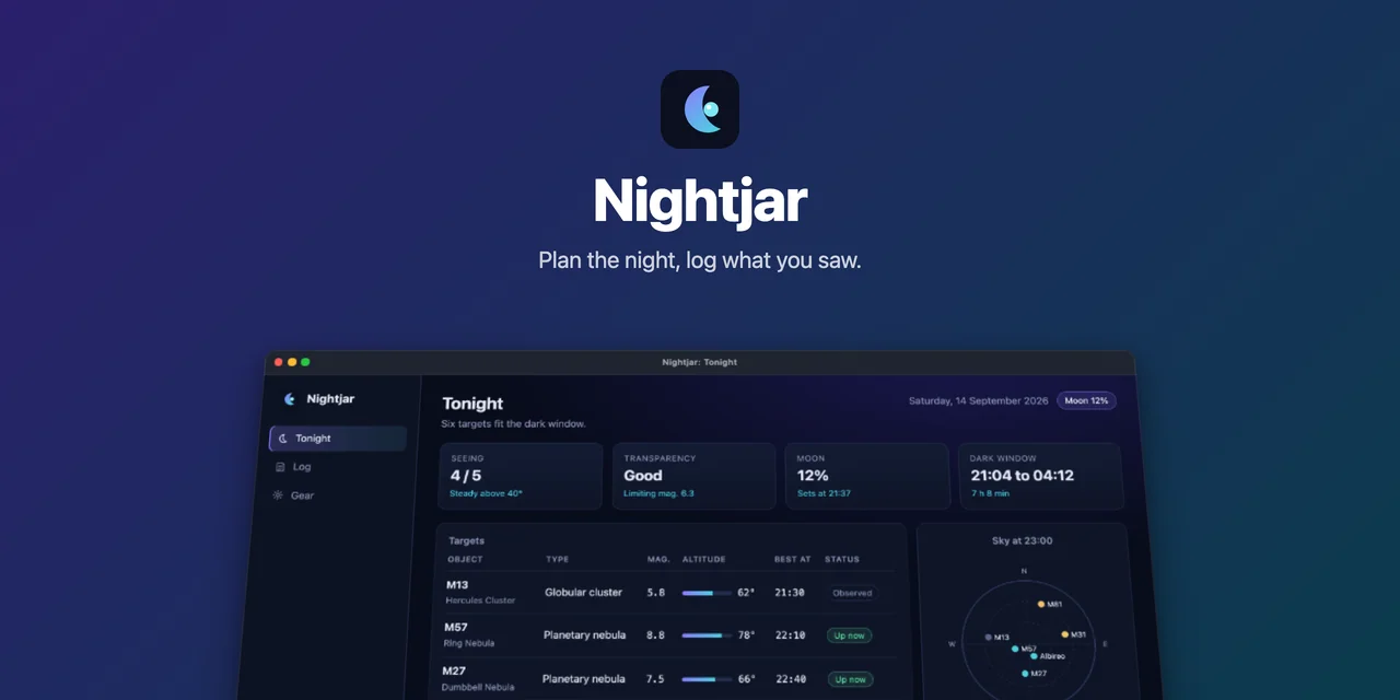 The Nightjar banner in the centered layout: the text centered at the top, the Tonight window rising from the bottom edge and leaning back.