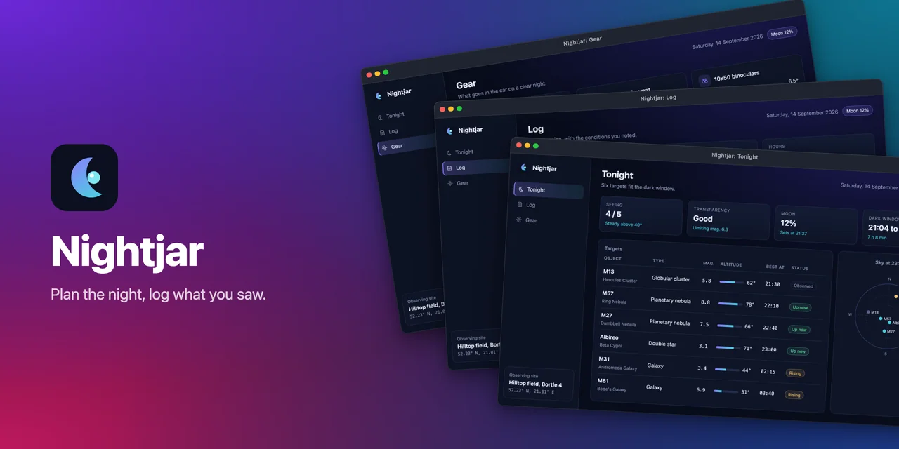 The Nightjar banner in the stack layout on a mesh gradient: violet, teal, blue and magenta glows on a dark navy base.