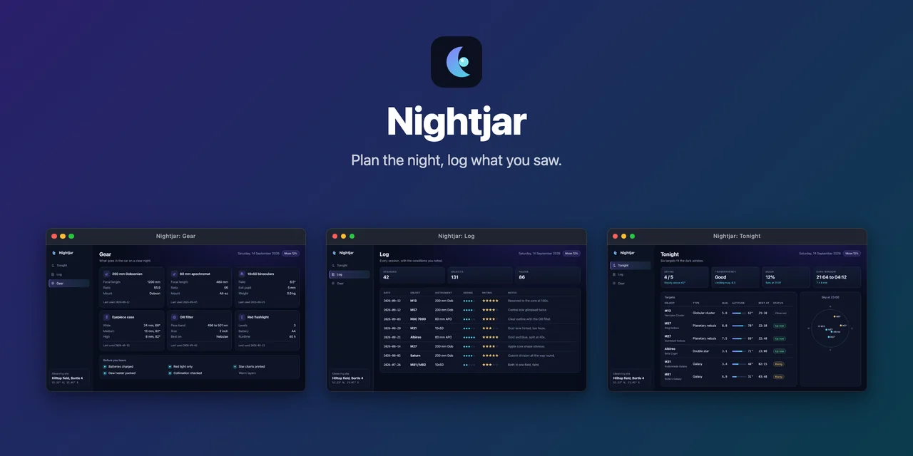 The Nightjar banner in the row layout: the logo, name and tagline centered at the top, the Gear, Log and Tonight windows side by side under them.