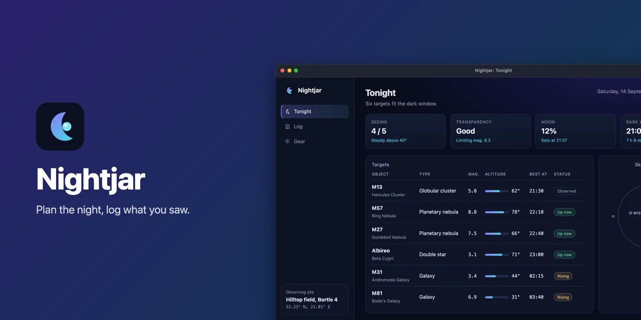 A banner for Nightjar, the made-up app in showcase-kit's docs gallery, in the spotlight layout: the logo, name and tagline on the left, one large Tonight window running off the right edge.