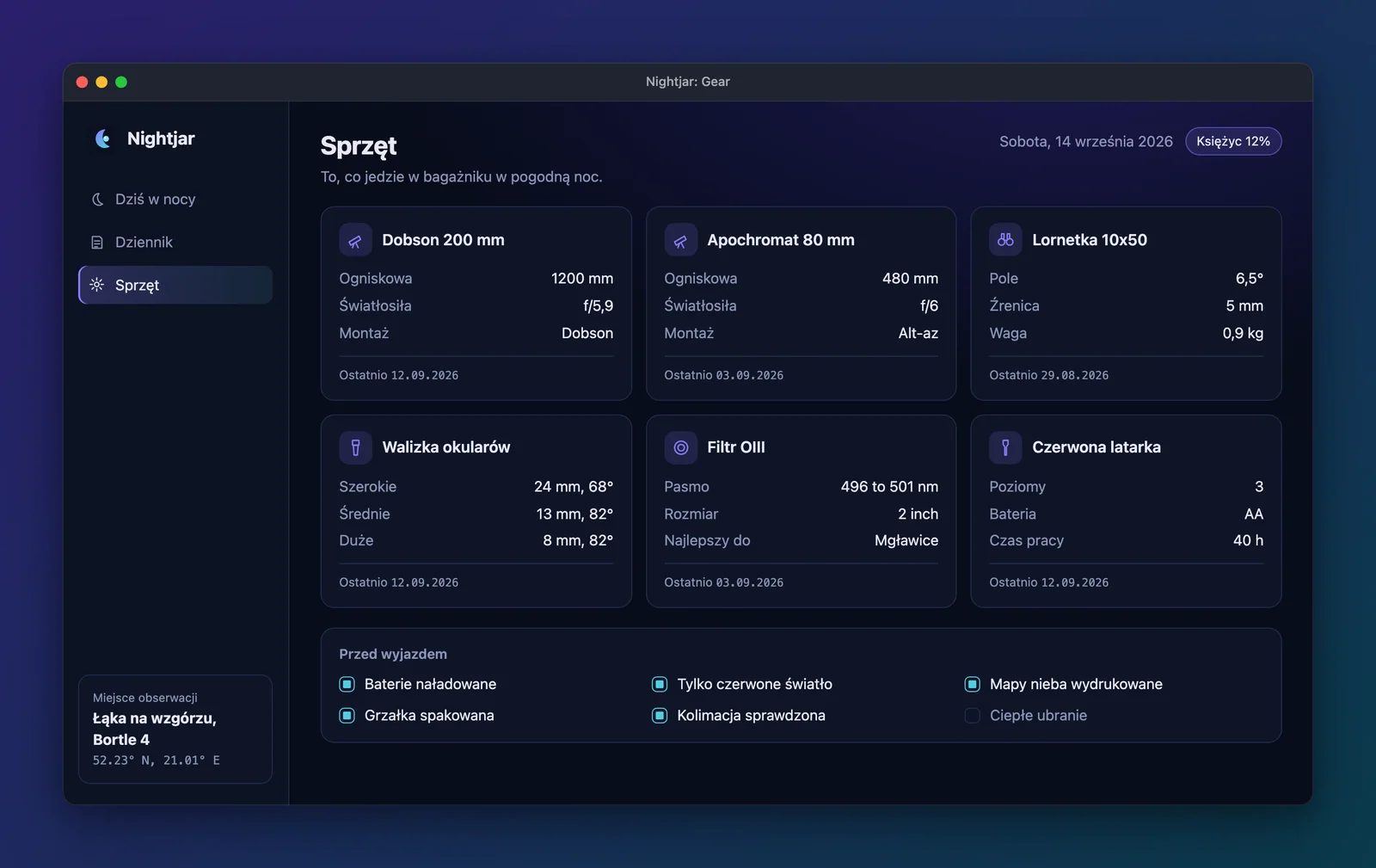 Nightjar's Gear view: six equipment cards with their specs, and a packing checklist. Polish interface.