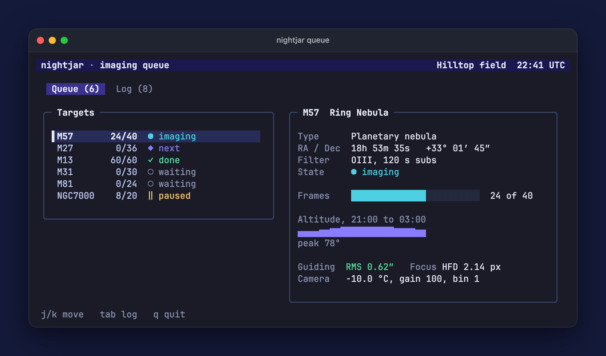An animation of the nightjar queue: the selection moves down three targets, then the view switches to the session log.